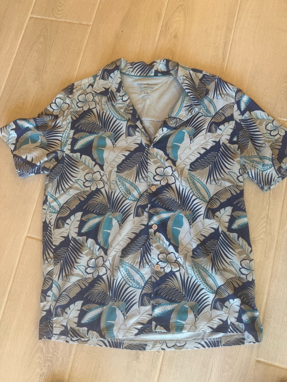 Tommy Bahama Navy and Teal Tropical Print Camp Shirt